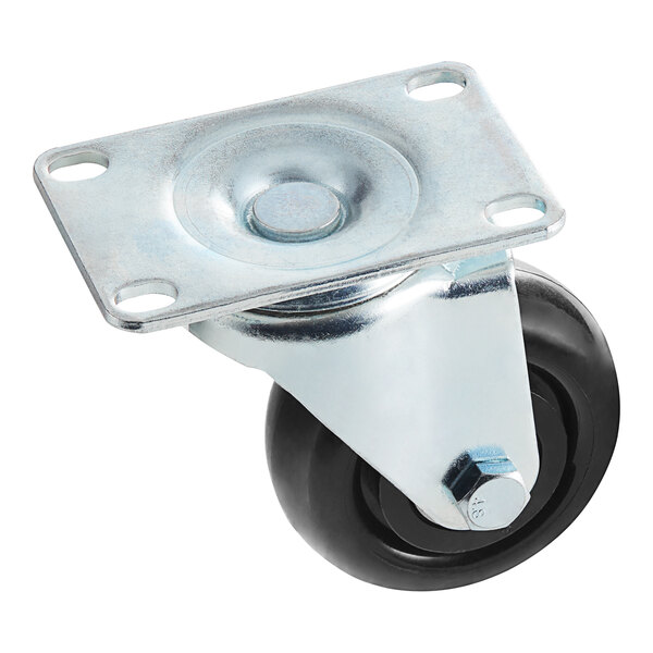 A black and silver wheel with a metal plate on a MainStreet Equipment caster.