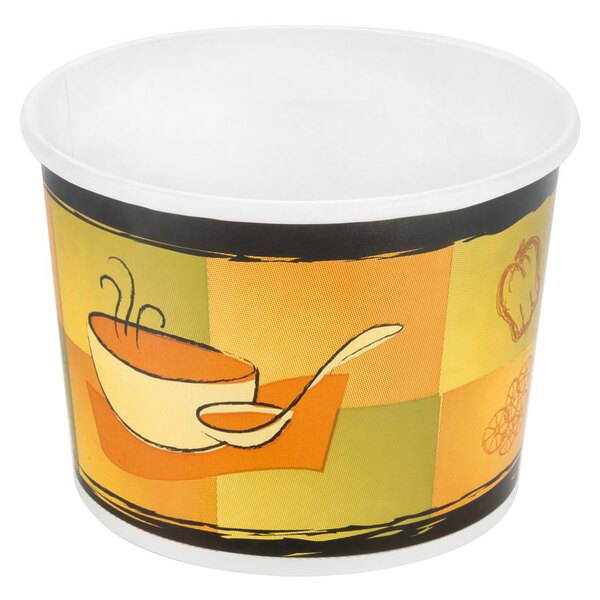 A Huhtamaki double poly-paper soup cup with a design on it filled with soup and a spoon.