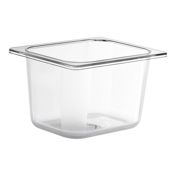 An Avantco clear plastic square pan with a silver rim.