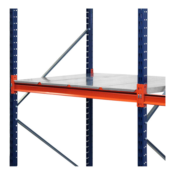An Interlake Mecalux blue and orange metal shelf on a steel metal shelf.