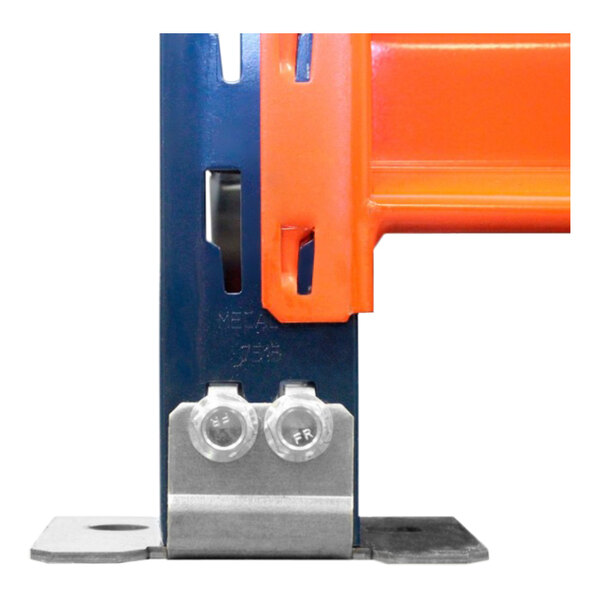 An orange and blue Interlake Mecalux steel frame with metal decking.