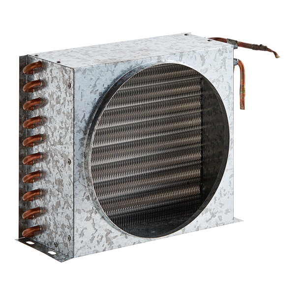 A Main Street Equipment condenser coil with copper pipes and round vents.