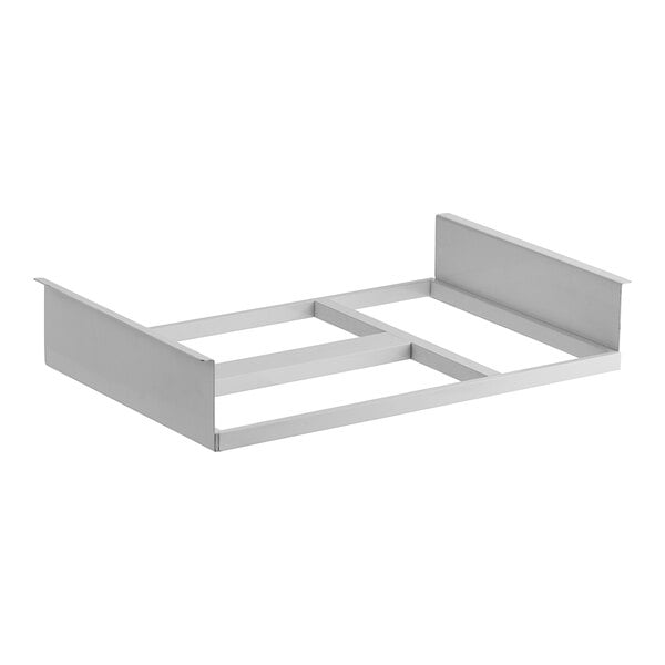 A white metal frame with three metal shelves.