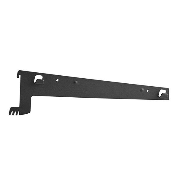 A black metal Avantco Refrigeration shelf bracket with holes on it.