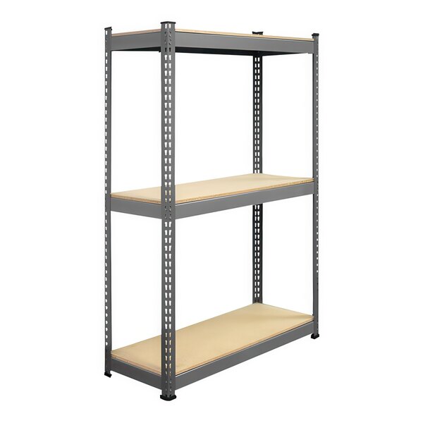 A grey metal Interlake Mecalux boltless shelving unit with wooden panels on two shelves.