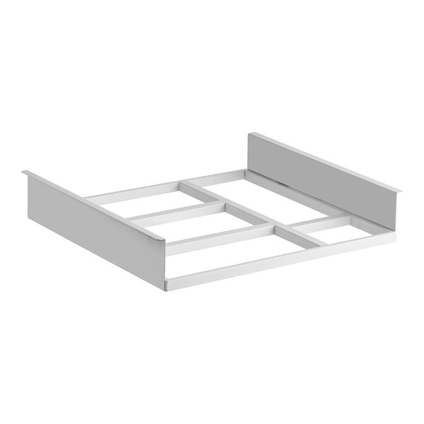 An Avantco white metal rack with four square sections.