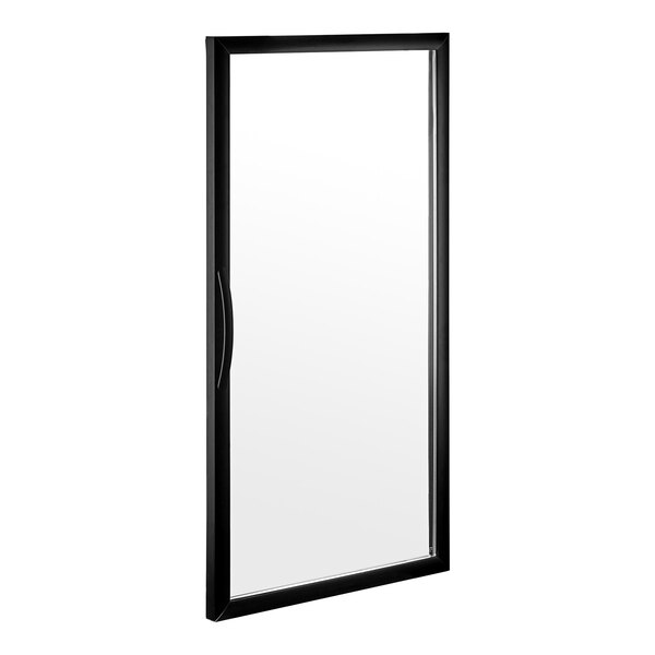 A black rectangular Main Street Equipment glass door with a glass door handle.