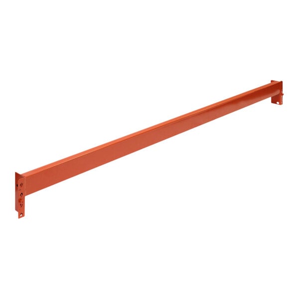 An orange heavy-duty steel Interlake Mecalux pallet rack beam with holes.