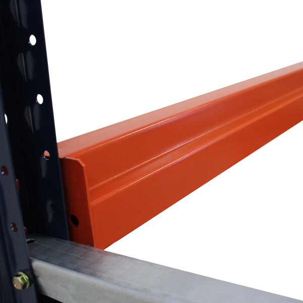 An orange metal Interlake Mecalux pallet rack beam.