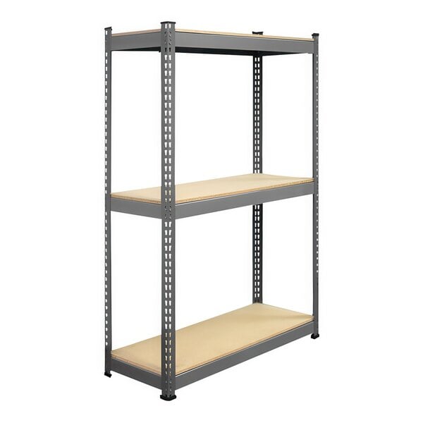 A grey metal Interlake Mecalux heavy-duty rivet shelving unit with wooden shelves.