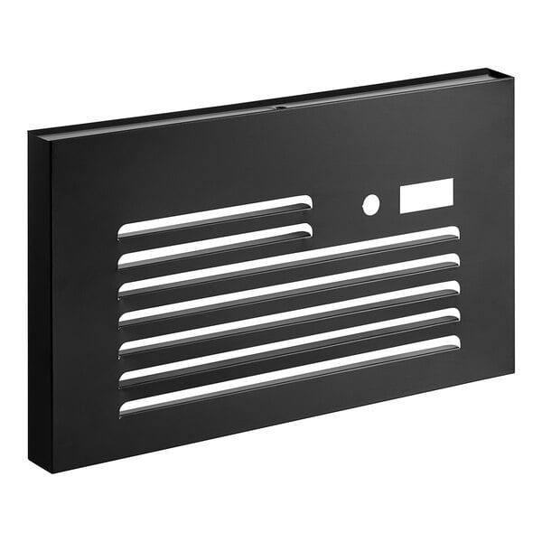 A black metal rectangular front grille with vents for a Main Street Equipment refrigerator.