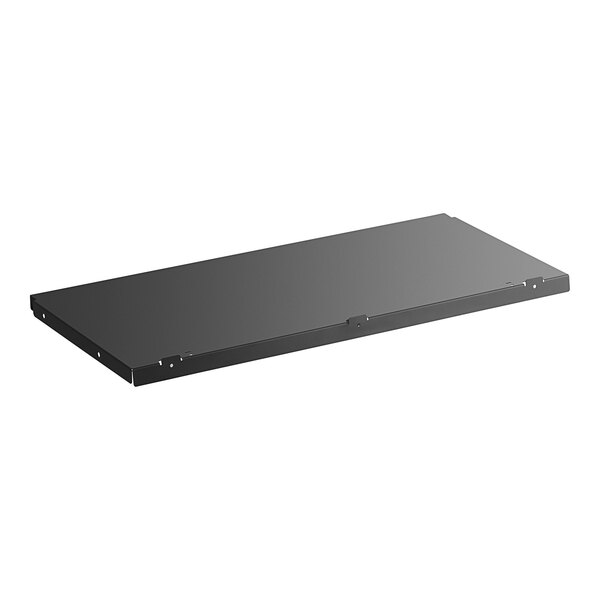 A black rectangular shelf for an Avantco merchandiser refrigerator.