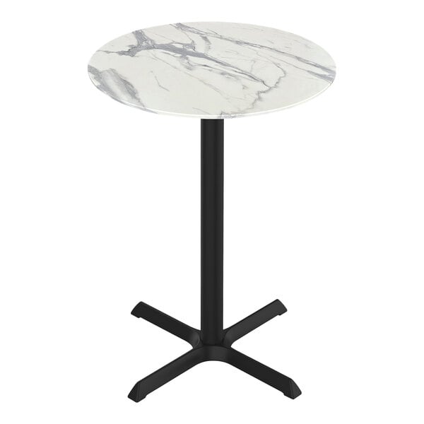 A white marble Holland Bar Stool EuroSlim bar height table with a black base.