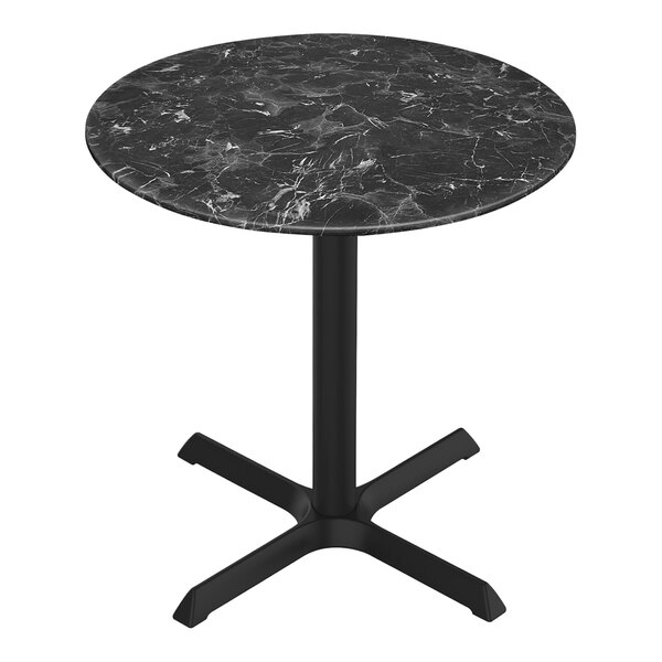 A Holland Bar Stool EuroSlim black marble table top on a metal cross base.