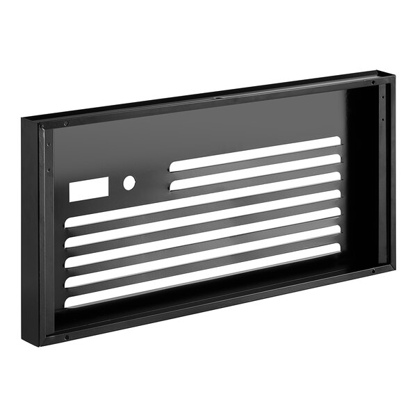 A black metal rectangular front grille with white lines.