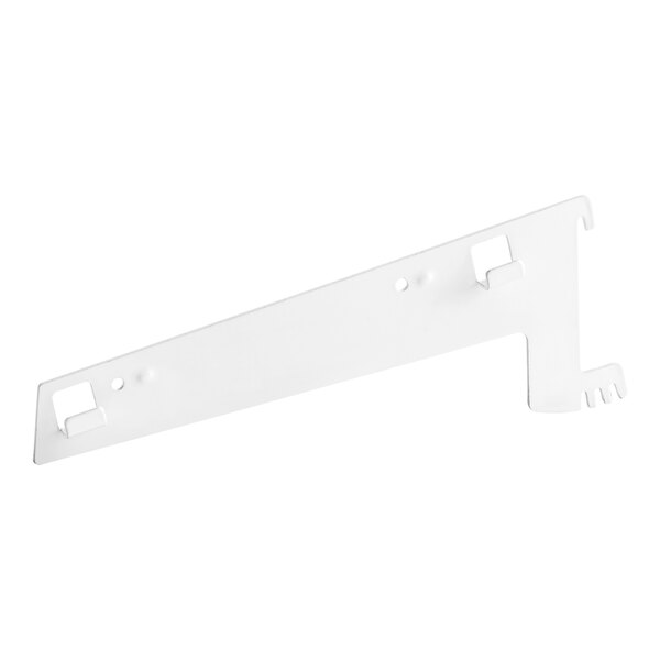 A white plastic Avantco Refrigeration shelf bracket with holes.