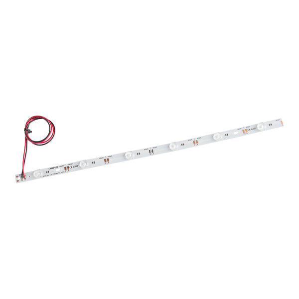 A white light strip with red and black wires.