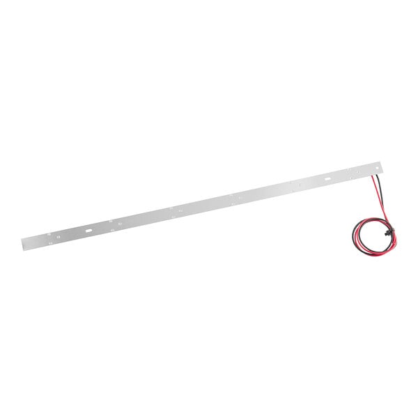 A white rectangular metal strip with red and black wires attached to it.