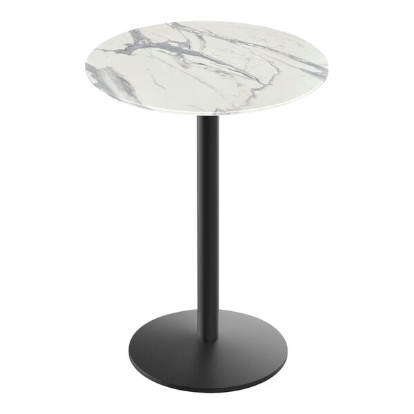 A round white marble table on a black base.