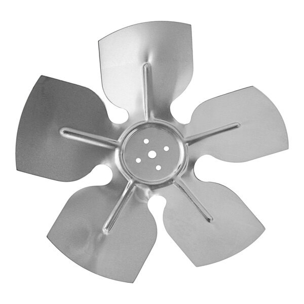 A metal MainStreet Equipment condenser fan blade with holes.