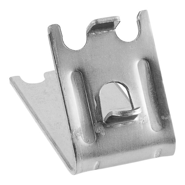 A metal MainStreet Equipment shelf clip with two holes.