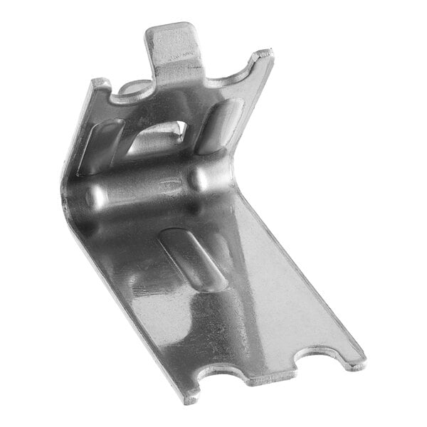 A metal MainStreet Equipment shelf clip with holes in the corner.