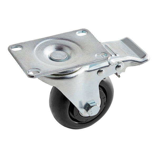 A MainStreet Equipment black and metal plate caster with brake.