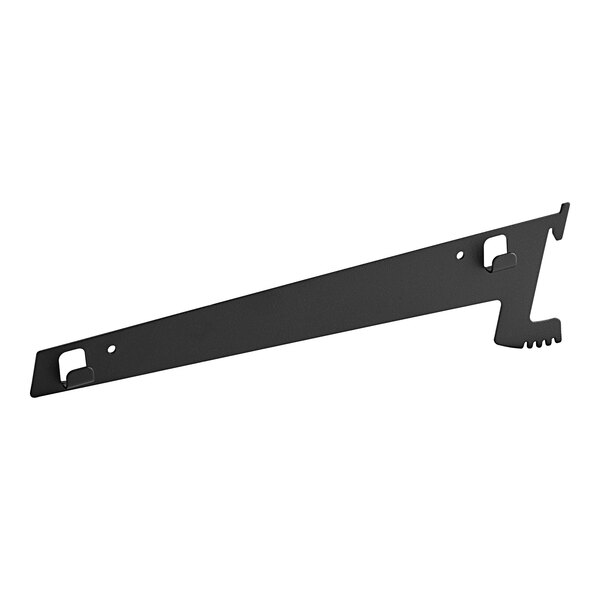 A black metal Avantco Refrigeration bottom left shelf bracket with screw holes.