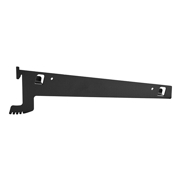 A black metal Avantco Refrigeration shelf bracket with two holes.