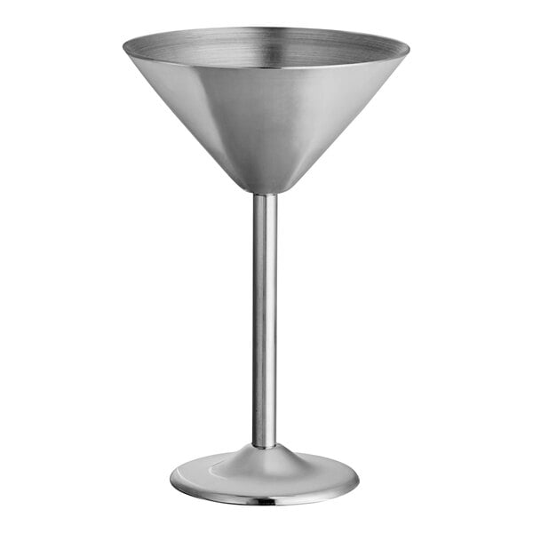 A Franmara stainless steel martini glass with a silver metal stem.