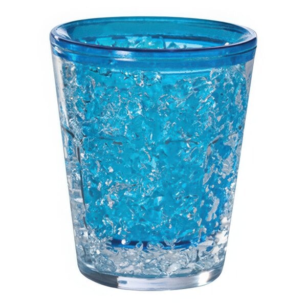 A blue Franmara Arctic Gel shot glass with ice in it.