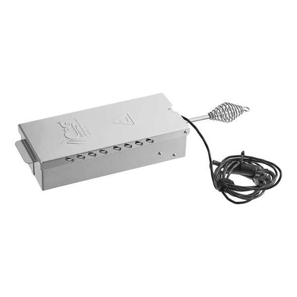 A silver rectangular metal smoker box with a cord and wire attached.