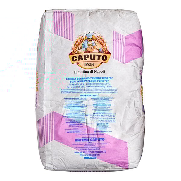 A white bag of Caputo Nuvola Super Pizza Flour with purple and white text.
