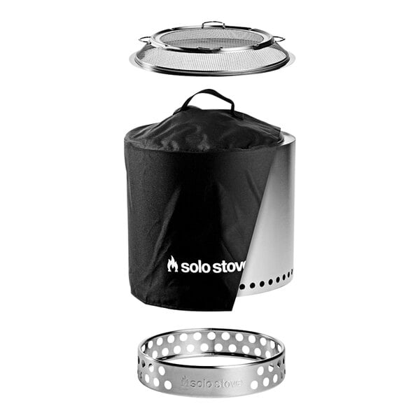 A Solo Stove Ranger metal container with a black cover and silver ring with holes.