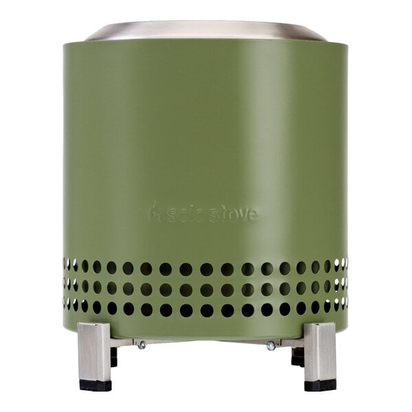 A green stainless steel Solo Stove Mesa XL tabletop fire pit cylinder with holes.