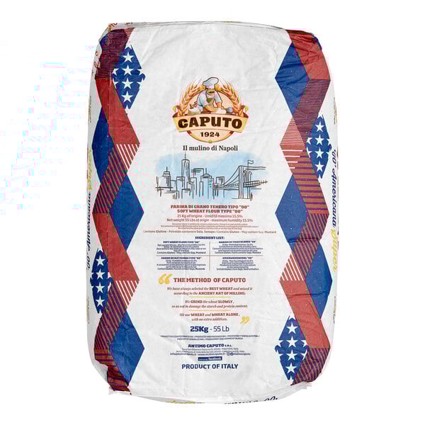 A white bag of Caputo Americana Super Pizza Flour with text on it.