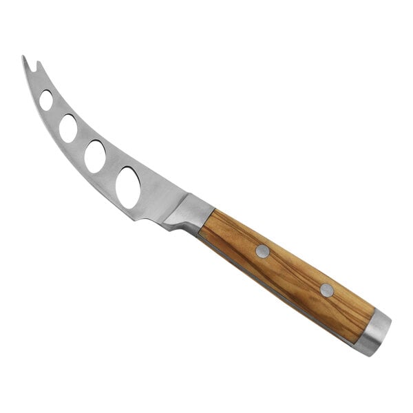 A Laguiole cheese knife with an olivewood handle and holes.