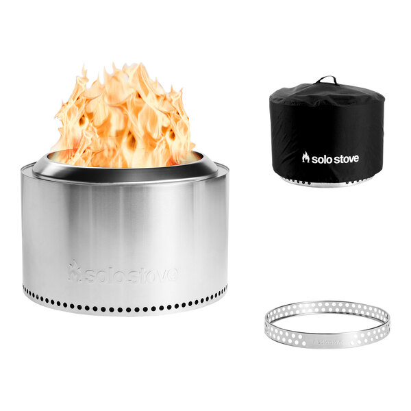 A Solo Stove Yukon 2.0 fire pit with a metal ring and a black cover.