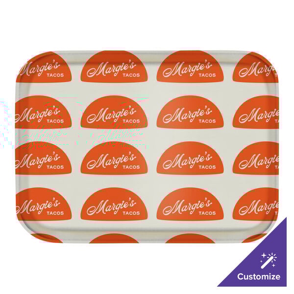 A Cambro rectangular fiberglass tray with orange and white circles on it.