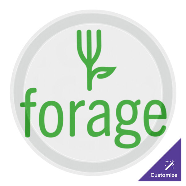 A white Cambro round tray with green text and a green leaf logo.