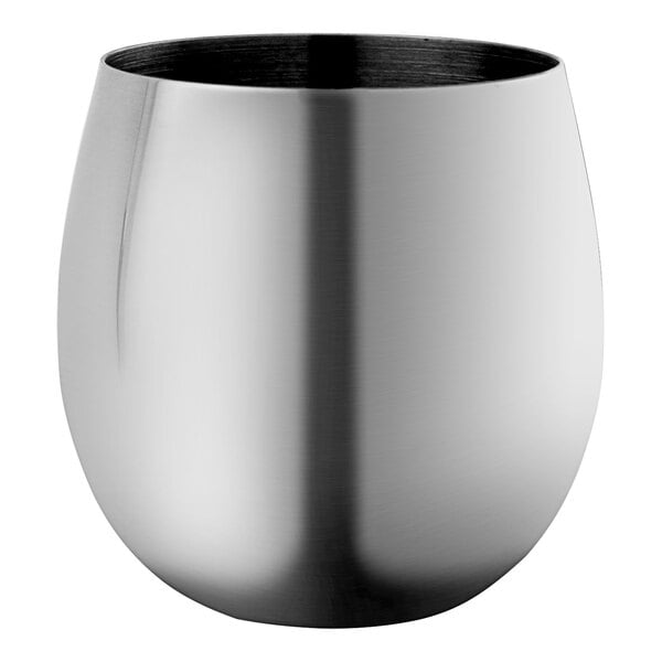 A stainless steel Franmara Sera stemless wine glass with a black rim.