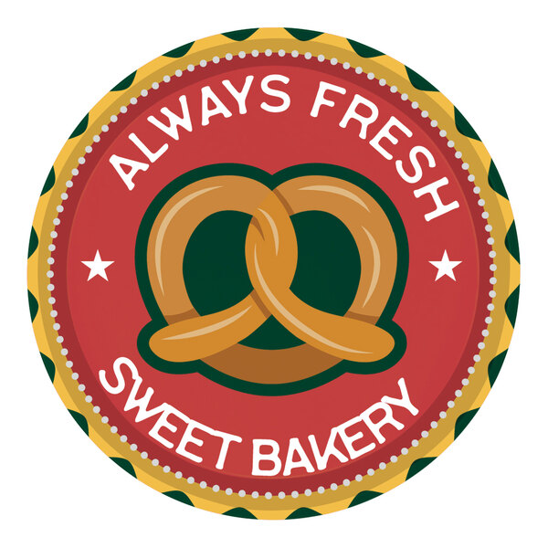 A white Cambro round tray with a red circular pretzel logo.
