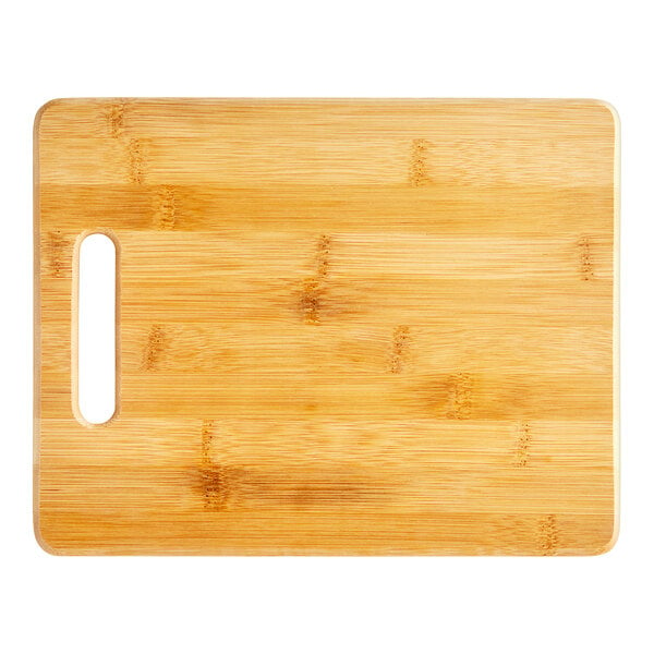 A Franmara bamboo cutting board with a handle.