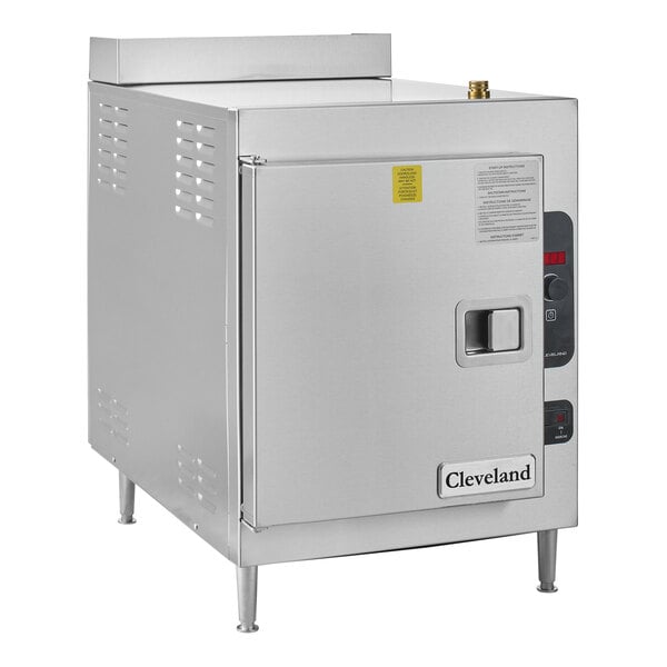 A Cleveland natural gas countertop steamer with a door open.