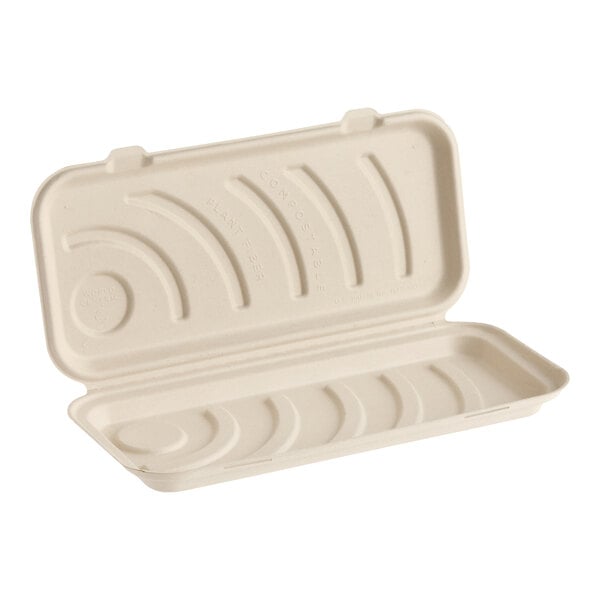 A compostable fiber clamshell container designed for flatbread.