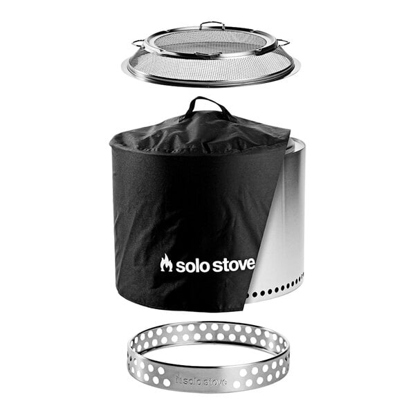 A white metal Solo Stove cylinder with a black cover.