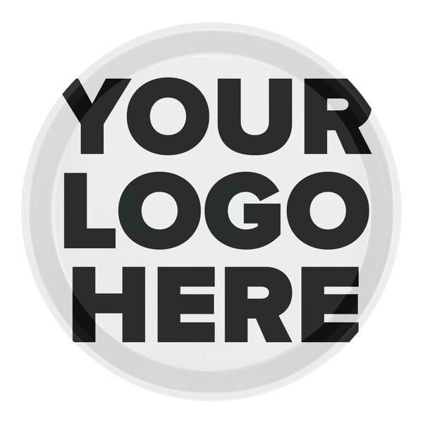 A white Cambro round tray with the words "your logo here" in black.