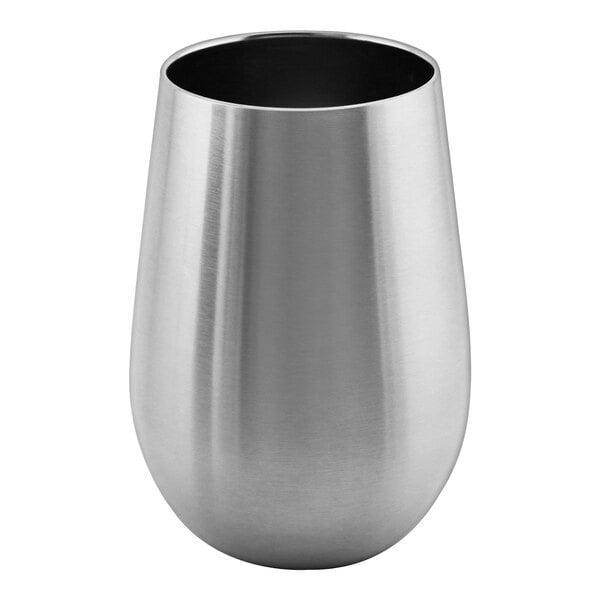 A stainless steel Franmara Apollo stemless wine glass.