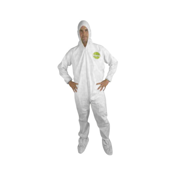 A man wearing Cordova Defender white protective coveralls.