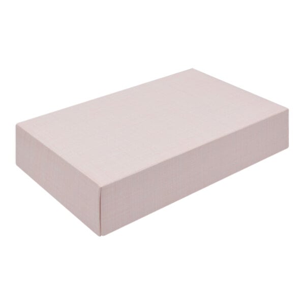 A white box with a pink linen surface.